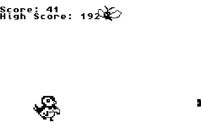 The game running in an emulator: a Piplup sprite jumping obstacles, score and high score at the top