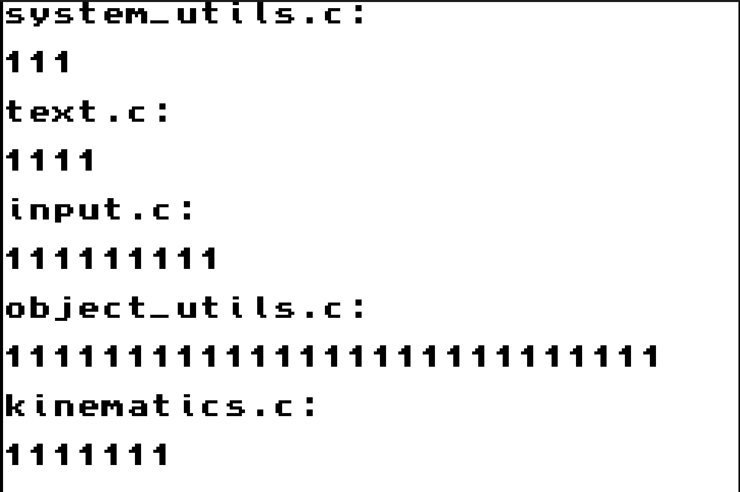 The test ROM output on screen: source file names, each followed by a row of ones
