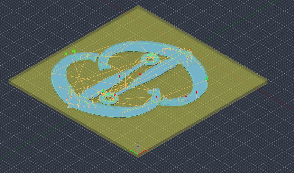 May's anchor: the same part inside the CAM setup, stock body in yellow