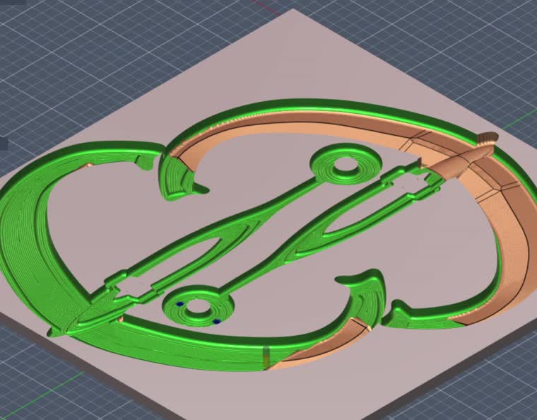 May's anchor: the machining simulation, colourised by operation