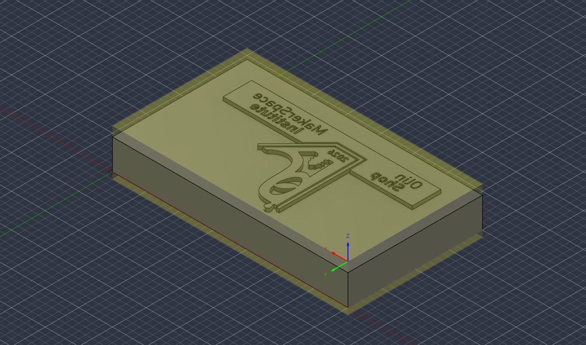 the Makerspace Institute die: the same part inside the CAM setup, stock body in yellow