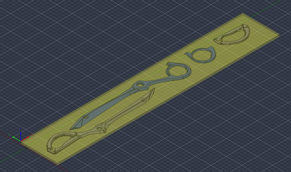 the Rending Scissors: the same part inside the CAM setup, stock body in yellow