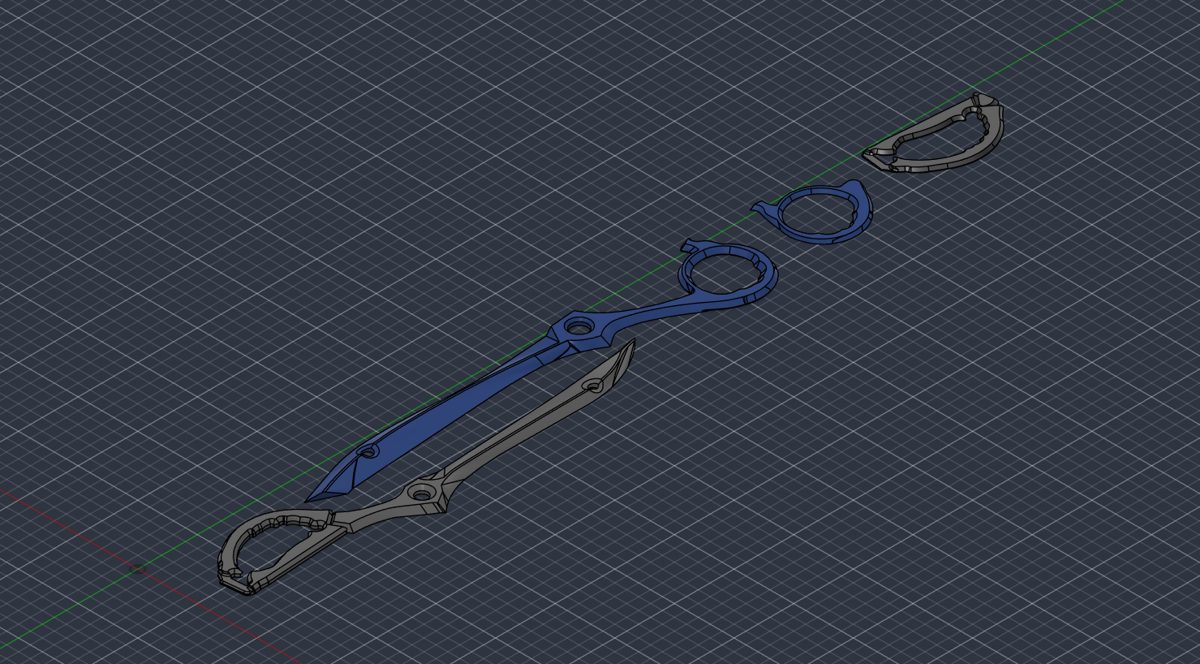 the Rending Scissors: the finished model in Fusion, grey shaded isometric