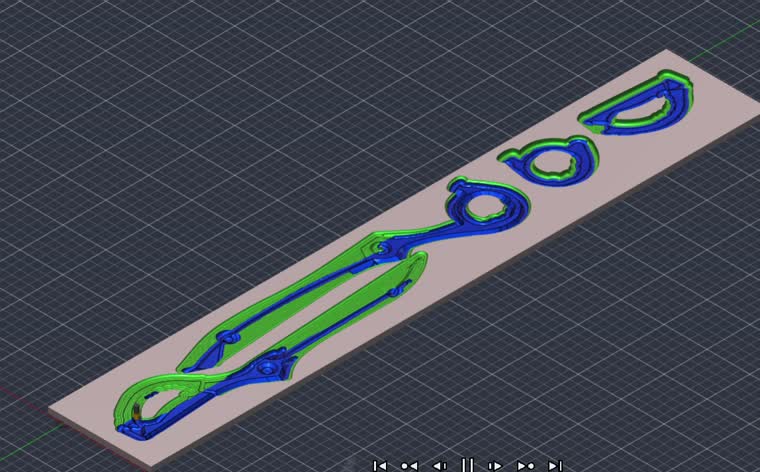 the Rending Scissors: the machining simulation, colourised by operation