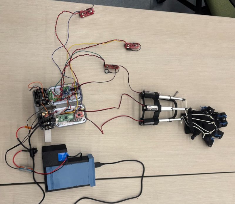 The device worn on a forearm: three linear actuators along the arm with cables running down to the fingers
